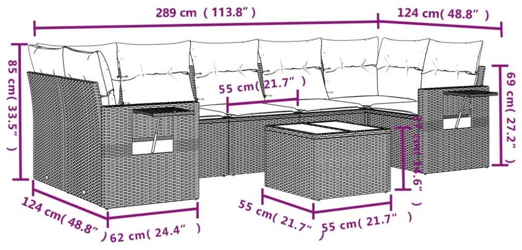 8 pcs conjunto de sofás p/ jardim com almofadões vime PE bege