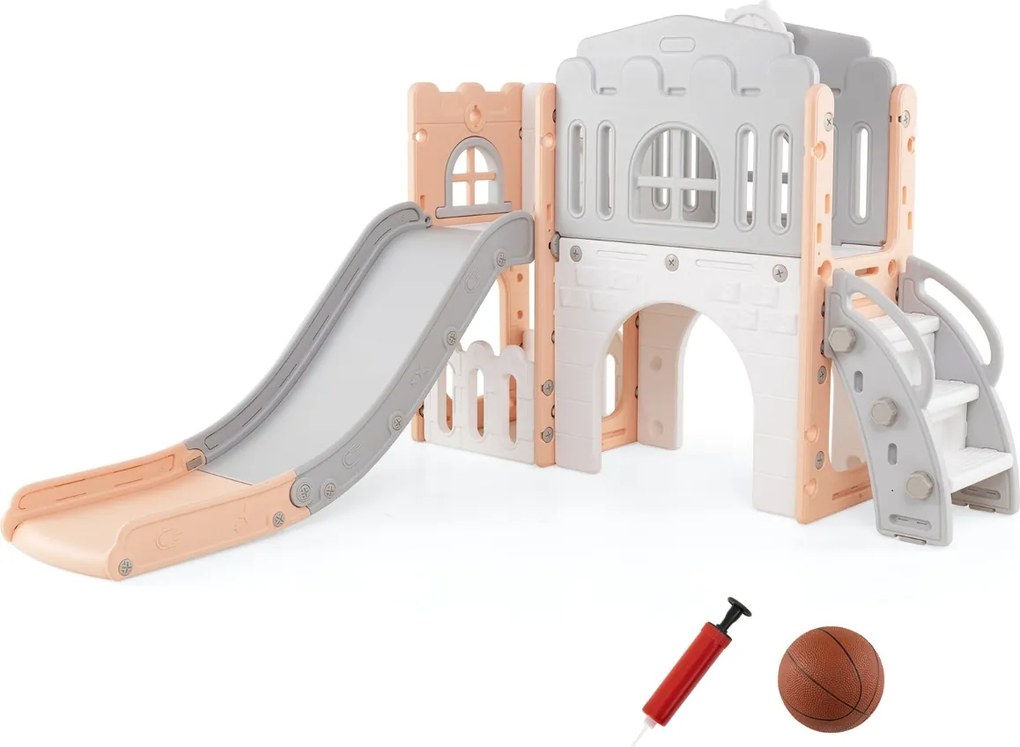 Escorrega infantil 9 em 1 com cesto de basquetebol, telescópio, ponte suspensa e túnel para 1+ anos 176 x 138 x 80 cm rosa