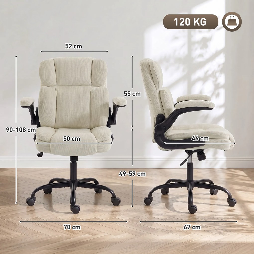 Cadeira de escritório ergonómica em chenille, função de balanço, braços rebatíveis, altura ajustável, 70 x 67 x 108 cm, bege