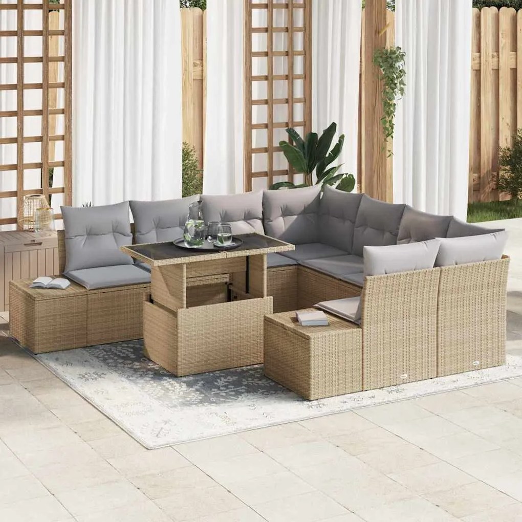 vidaXL Conjunto de Sofás de Jardim de 9 Peças com Almofadas Beige em Poli Rattan