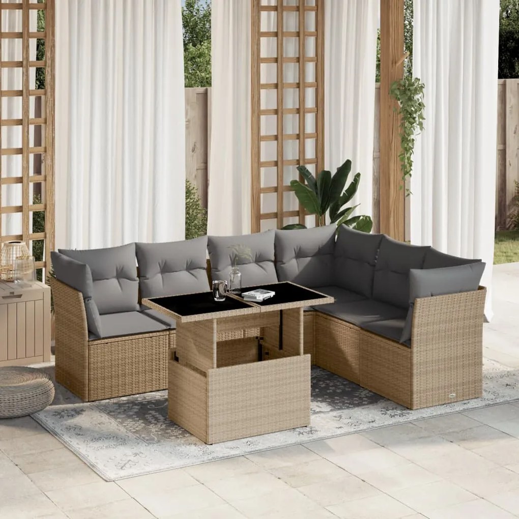 7 pcs conjunto de sofás p/ jardim com almofadões vime PE bege
