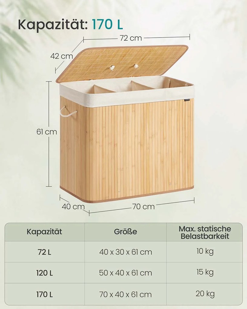 Cesto para roupa suja em bambu com 3 compartimentos 70 x 40 x 61 cm cor natural