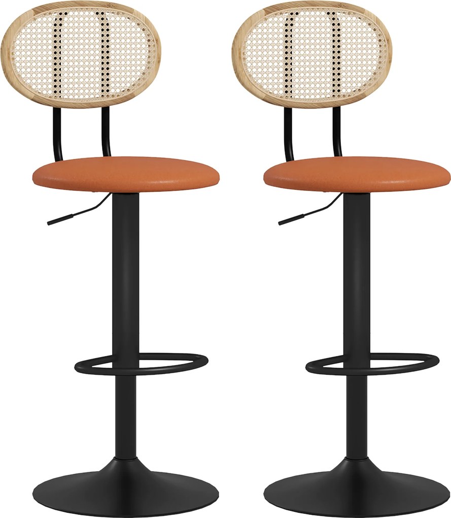 Conjunto de 2 bancos de bar com altura ajustável 40,5 x 52 x 92-113,5 cm, encosto em rattan e apoio para os pés, castanho