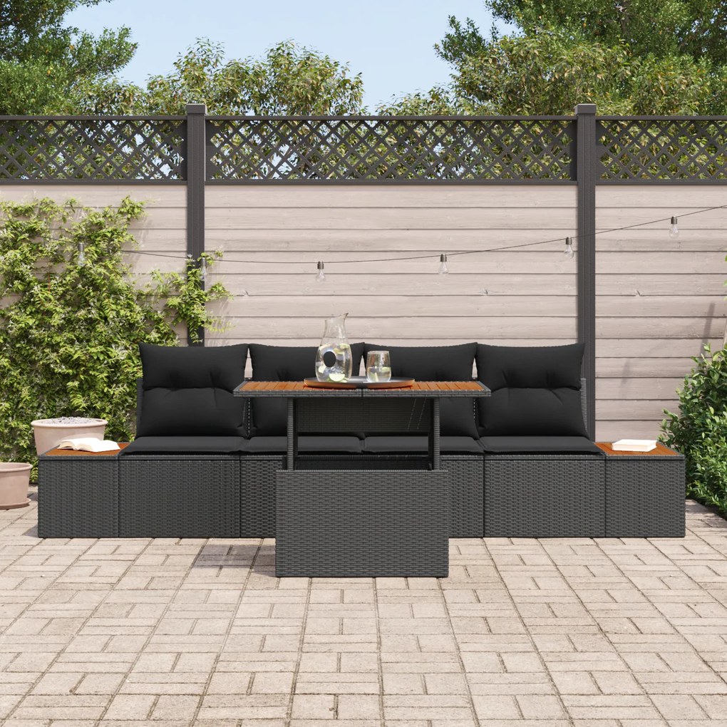 Conjunto de Jantar de Jardim com Almofadas Preto Rattan Acácia