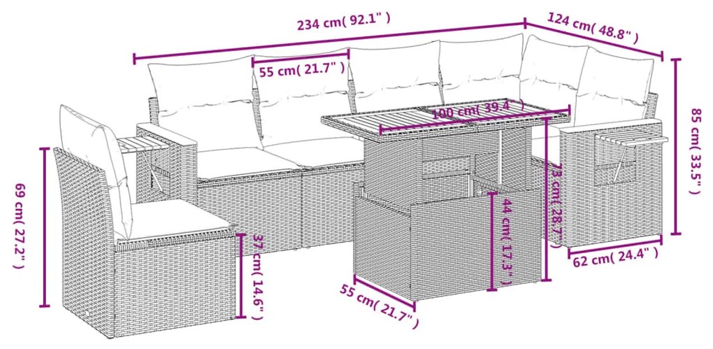 7 pcs conjunto de sofás p/ jardim c/ almofadões vime PE preto