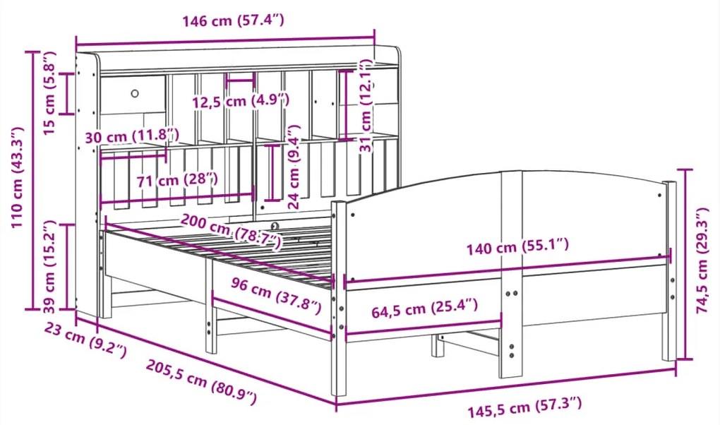 Cama com estante sem colchão 140x200 cm pinho maciço