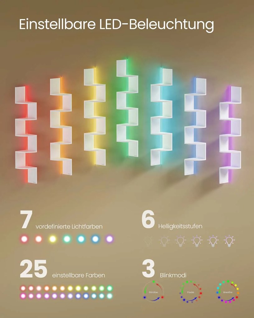 Prateleira de canto com iluminação LED, 20 x 20 x 126 cm Branca