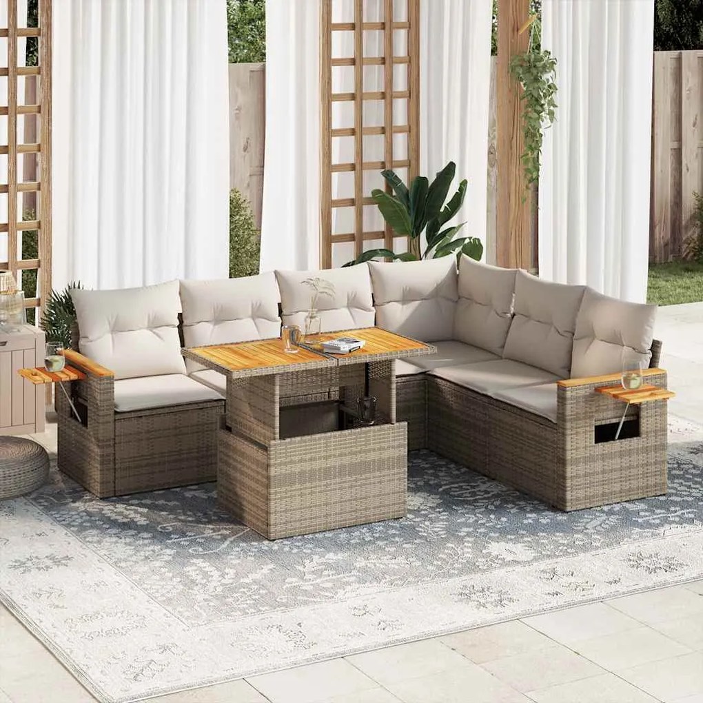 7 pcs conjunto sofás jardim com almofadões vime PE/acácia bege