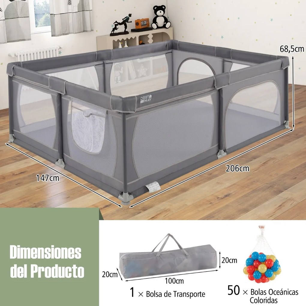 Parque para bebés 206 x 147 x 68,5 cm com rede respirável, bolsa de transporte, 50 bolas oceânicas e porta com fecho de correr – Cinzento