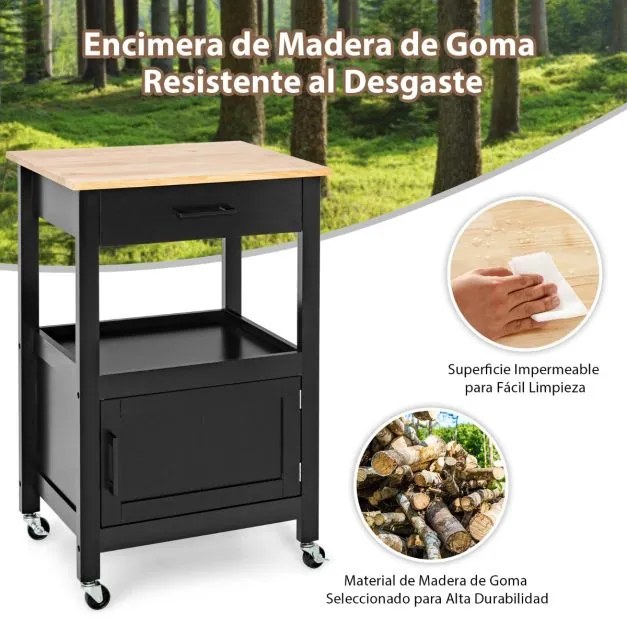 Carrinho de cozinha com rodas Ilha de serviço móvel Tampa de madeira Borracha Gaveta grande 3 ganchos Estante aberta 56 x 46 x 89 cm Preto