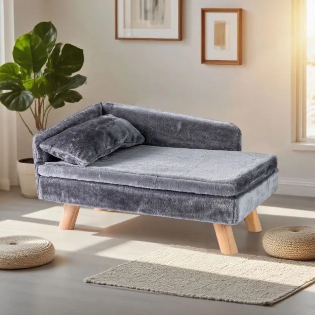 Cama elevada para animais de estimação 71 x 43 x 40 cm com almofada e travesseiro removíveis, pernas de madeira e encosto alto cinza escuro