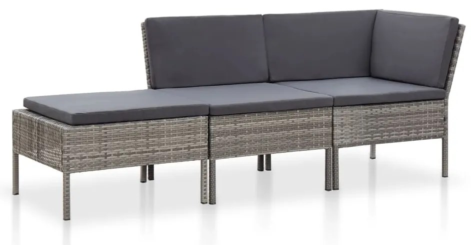 Conjunto lounge de jardim c/ almofadões 3 pcs vime PE cinzento