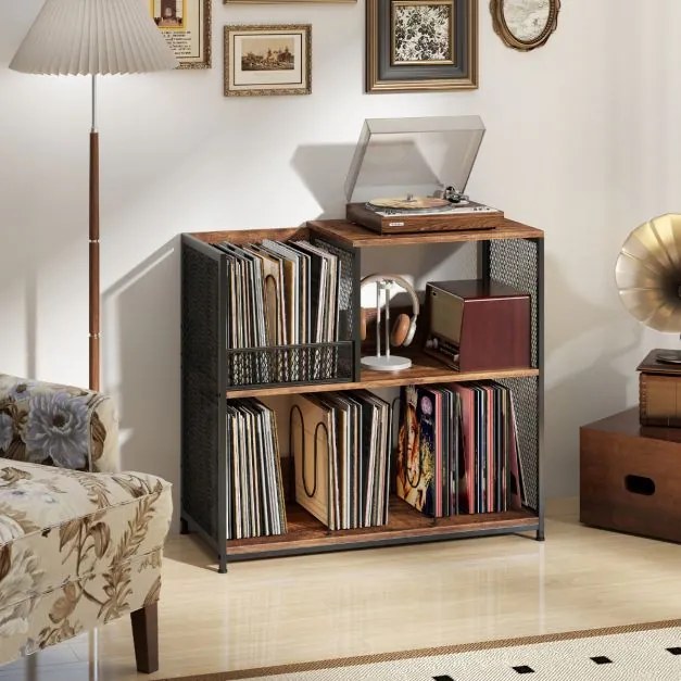 Armário para gira-discos de 3 níveis e para discos de vinil 83 x 36 x 76,5 cm com capacidade para 300 álbuns Mesa lateral com 3 divisórias Castanho