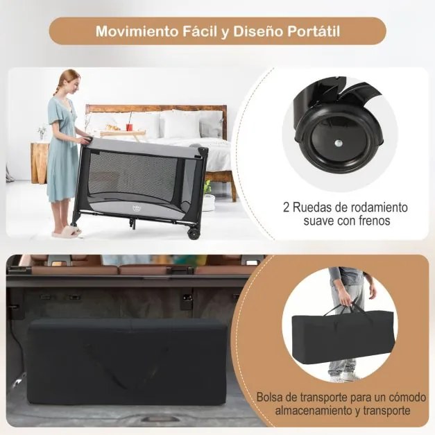 Berço para bebés 5 em 1 portátil com muda de fraldas Colchão amovível 2 rodas 110 x 78 x 78 x 78 cm Preto