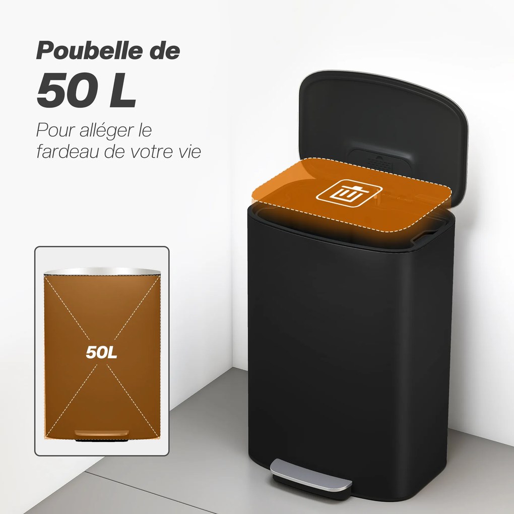 Caixote do lixo de cozinha de 50 L, com pedal, balde interior removível, tampa com fecho suave, 45,1 x 36,5 x 62,6 cm, preto