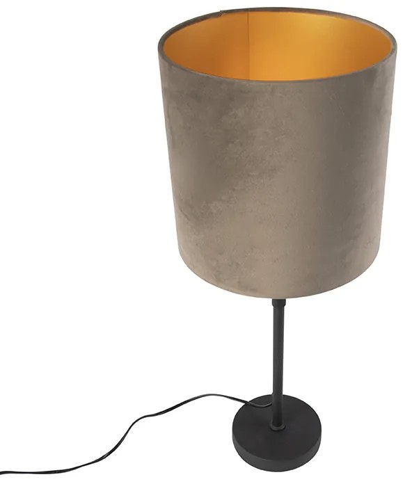 Candeeiro de mesa preto com cúpula em veludo castanho-acinzentado com dourado 25 cm - Parte Country / Rústico