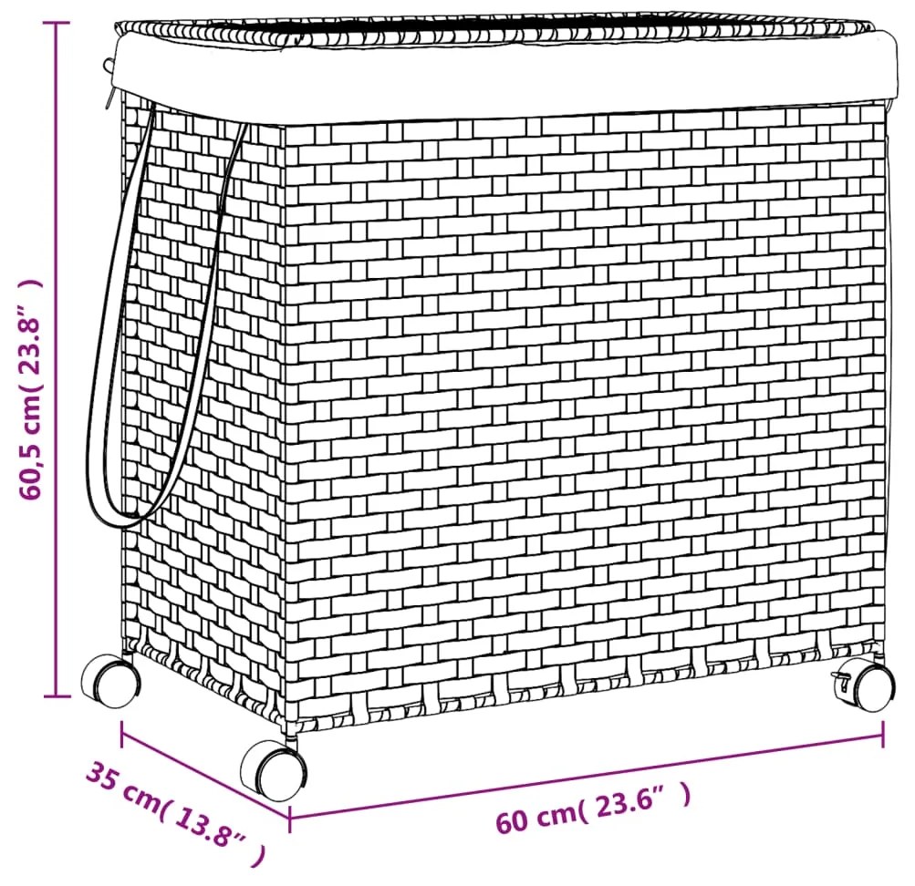 Cesto para roupa suja com rodas 60x35x60,5 cm vime branco