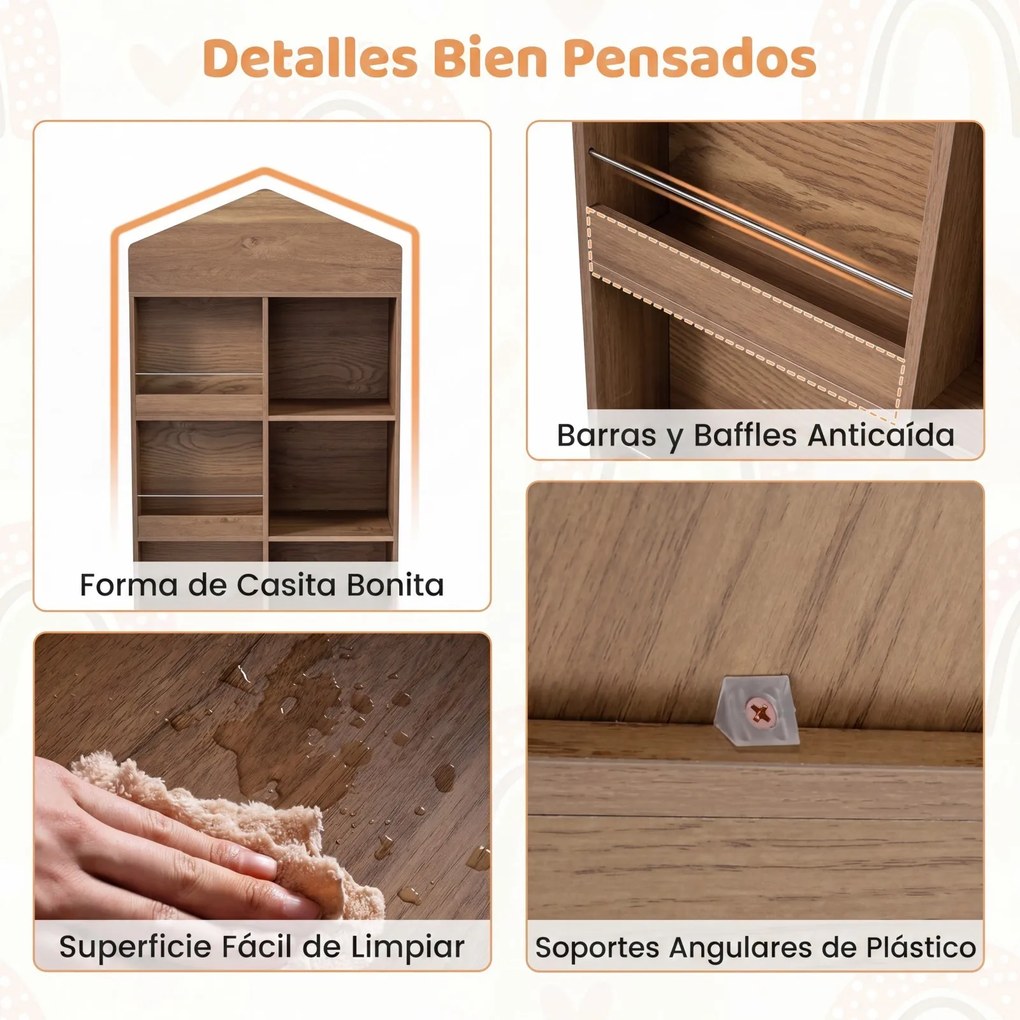 Estante infantil de madeira com 64 x 30 x 116 cm, em forma de casinha para bonecas, com compartimentos, para quarto de bebé, Castanha