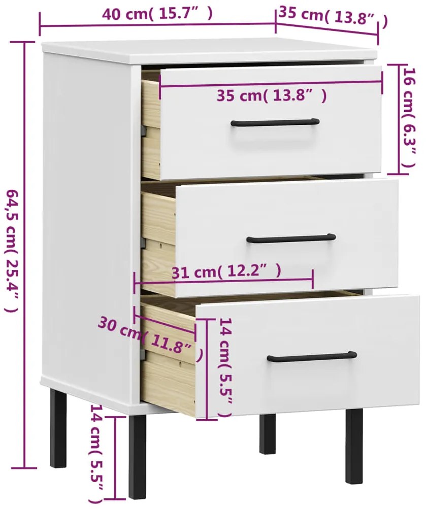 Mesa cabeceira c/ pernas de metal OSLO pinho maciço branco