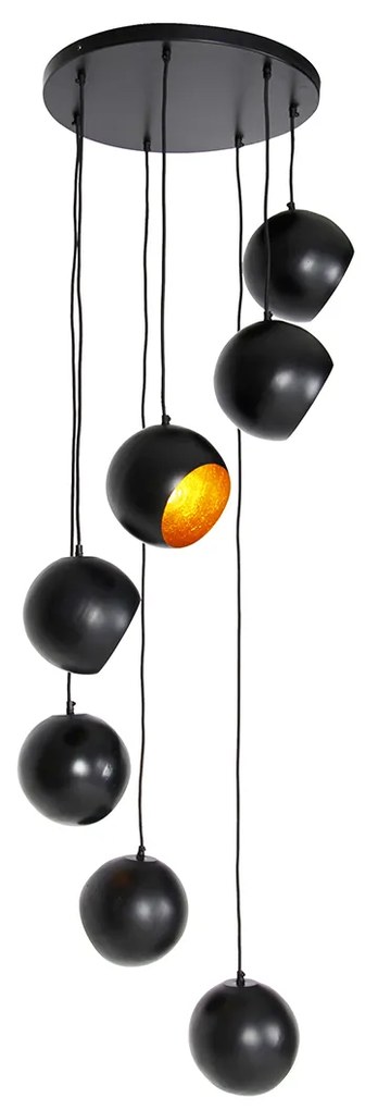 Candeeiro de suspensão preto com interior dourado 7-luzes - Crooked Cluster Moderno