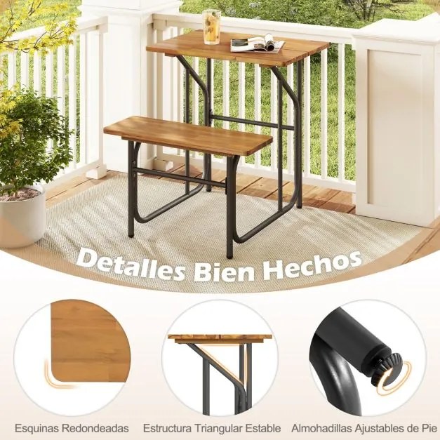 Conjunto de mesa e banco de jardim Lado Único Madeira Acacia Pernas de metal Preto e natural