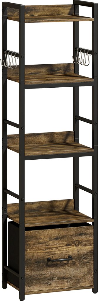 HOMCOM Estante de 4 níveis, prateleira de arrumação estreita com gaveta, 8 ganchos, , 39 x 26 x 136,5 cm, castanho rústico | Aosom Portugal