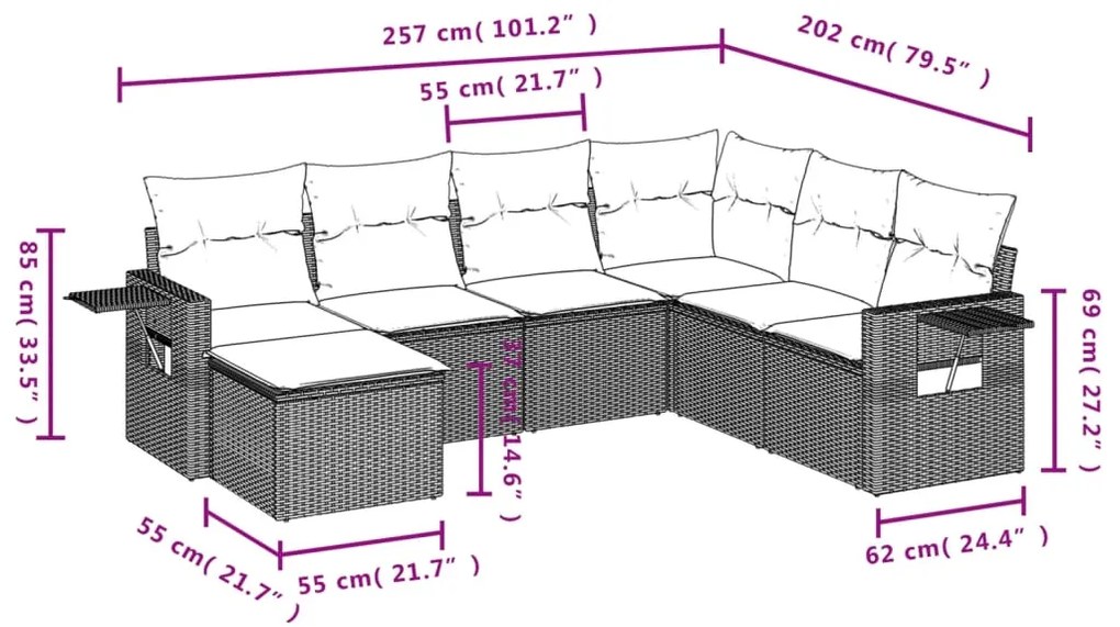 7 pcs conjunto sofás p/ jardim c/ almofadões vime PE cinzento