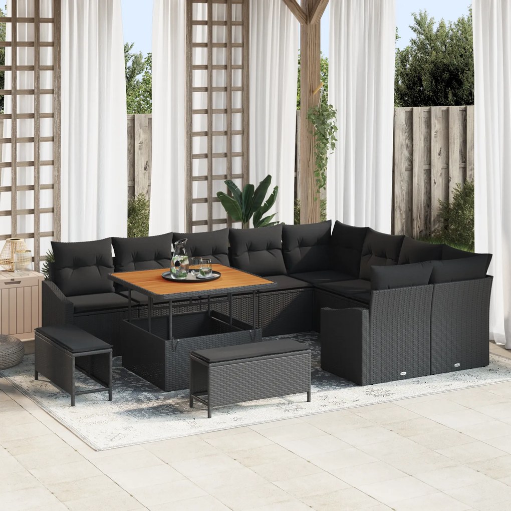 Conjunto de Sofá de Jardim vidaXL com 12 Peças e Almofadas Preto Rattan Poly Acácia
