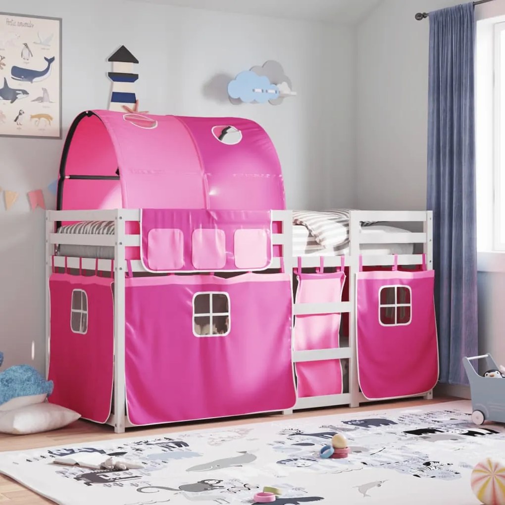 vidaXL Beliche com cortinas 90x190 cm madeira de pinho maciça rosa