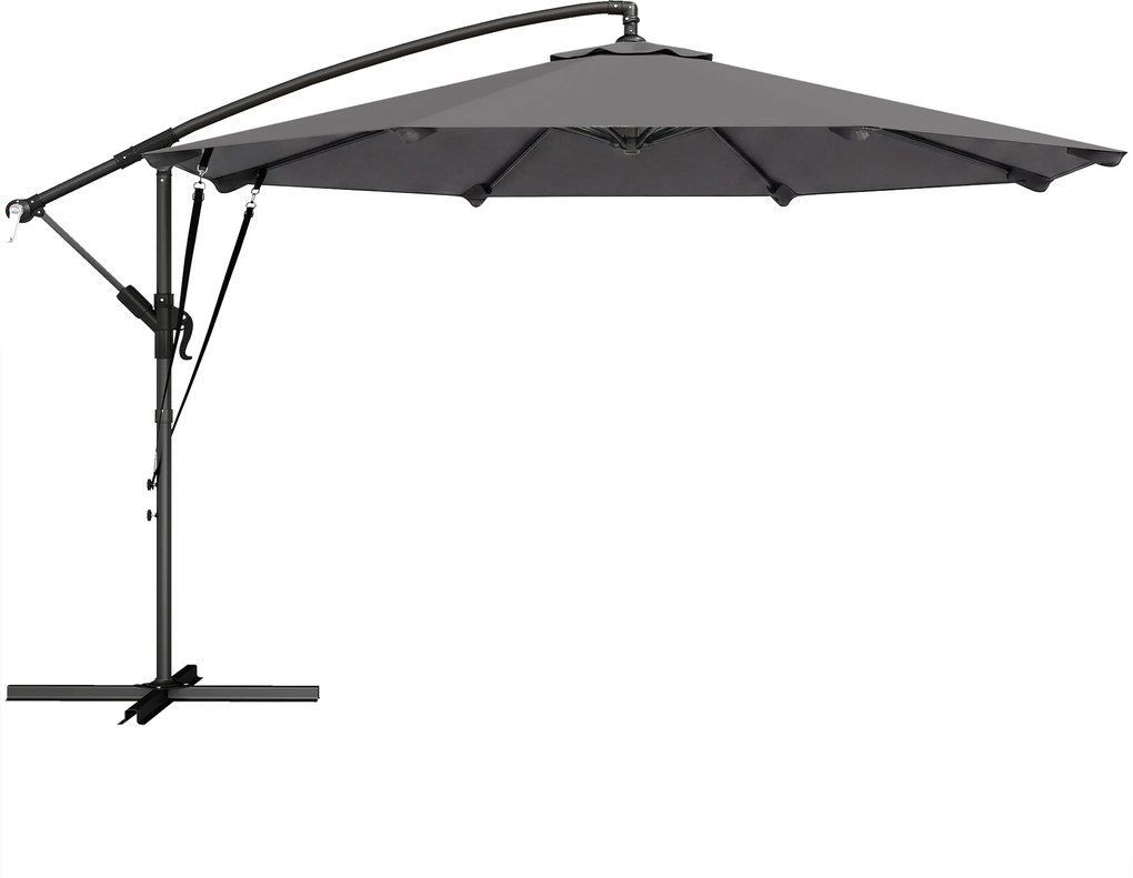 Outsunny Chapéu de Sol Excêntrico Ø300 cm com Base Cruzada Manivela Capa Protetora e Cordas de Vento Cinza Escuro | Aosom Portugal