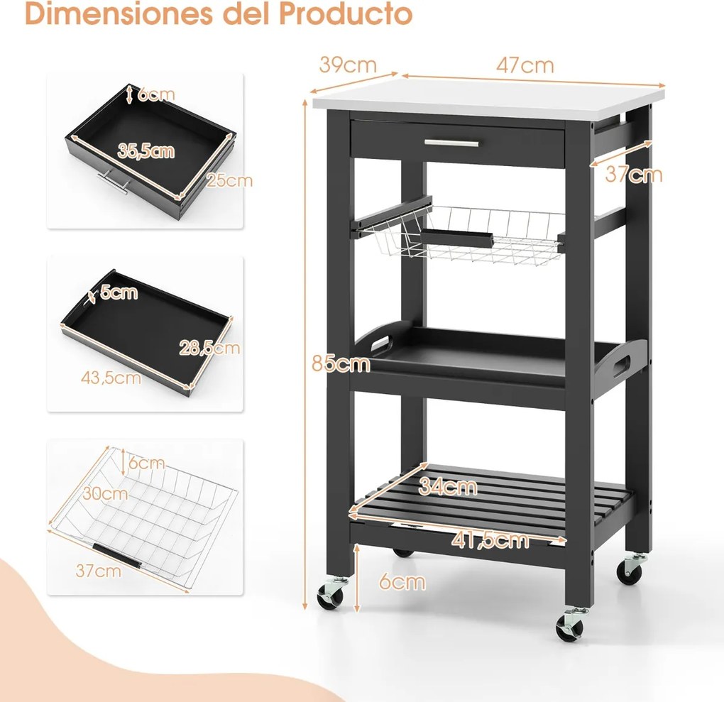 Carrinho de cozinha 47 x 39 x 85 cm de 4 níveis com bancada de metal Gaveta removível Cesto Bandeja móvel Preto