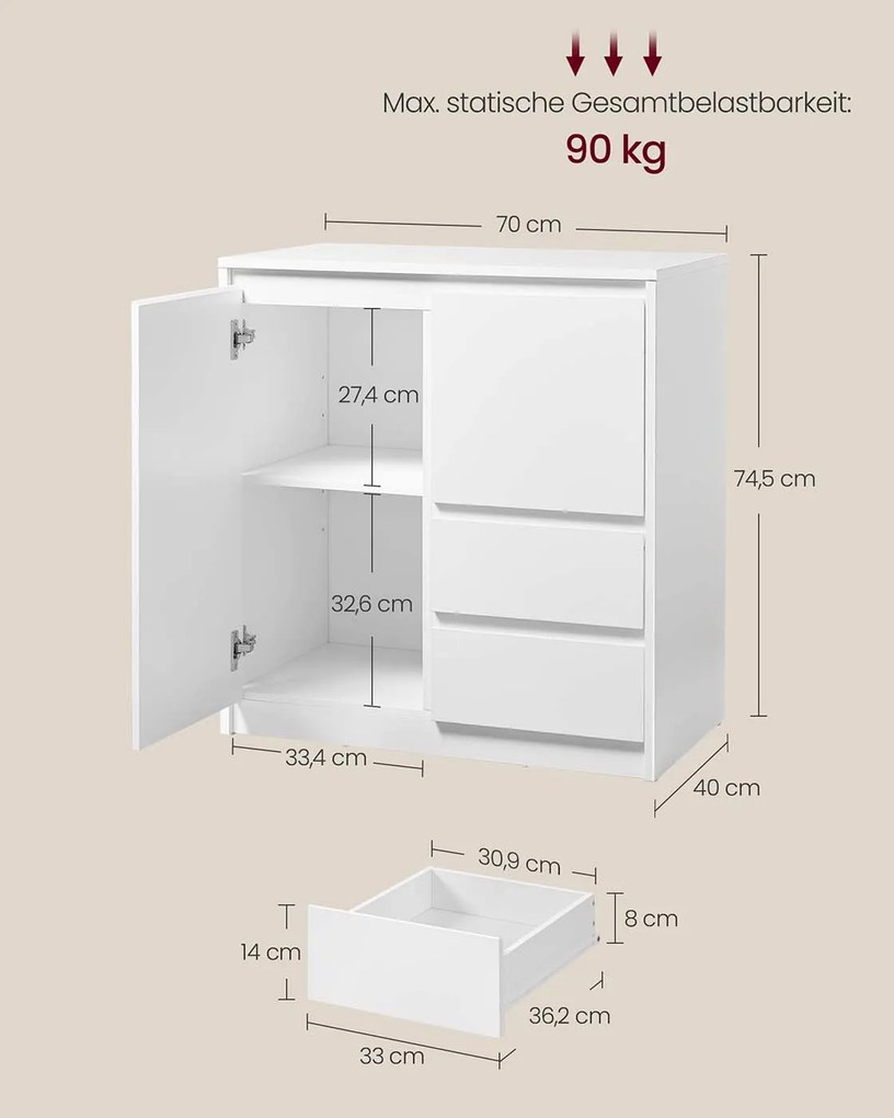 Armário de arrumação com 3 compartimentos e 2 gavetas 40 x 70 x 74,5 cm branco