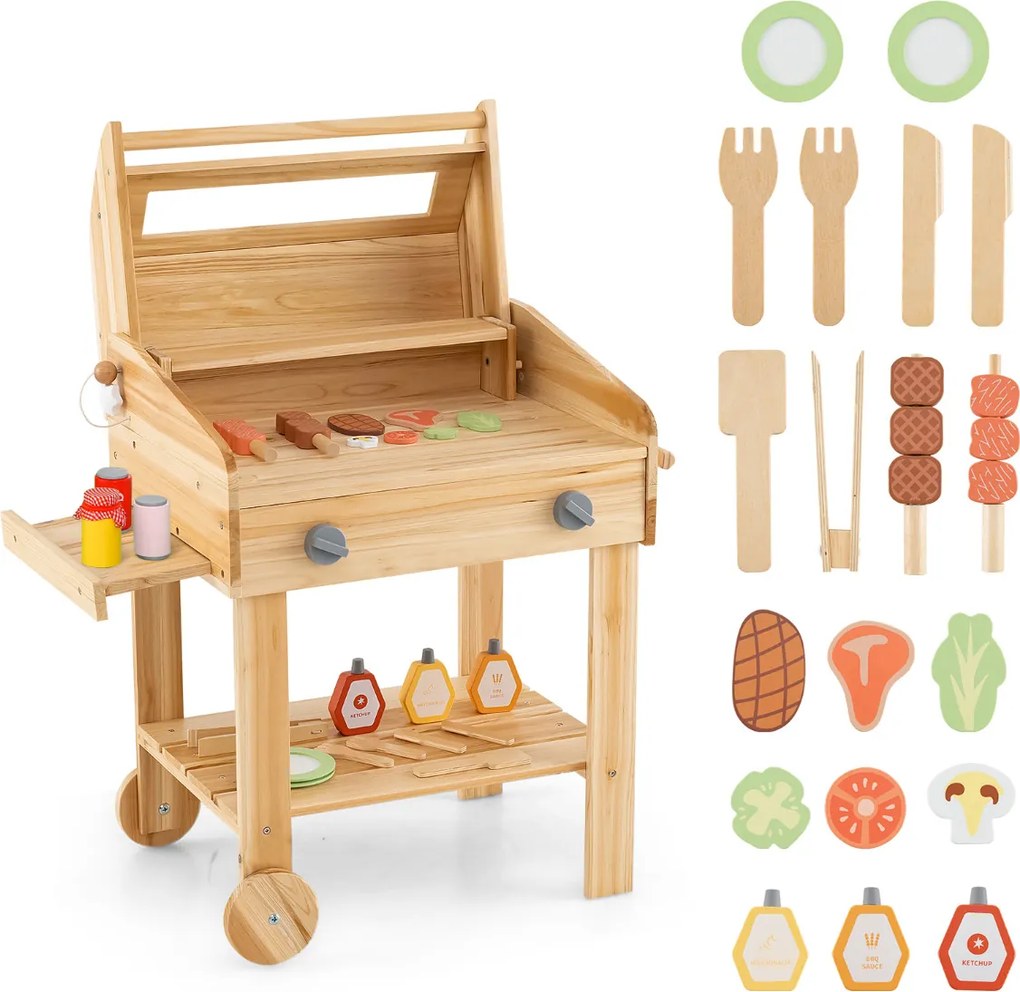 Churrasqueira de madeira para crianças 53 x 36 x 63 cm para fingir cozinhar alimentos com acessórios para churrasco Natural