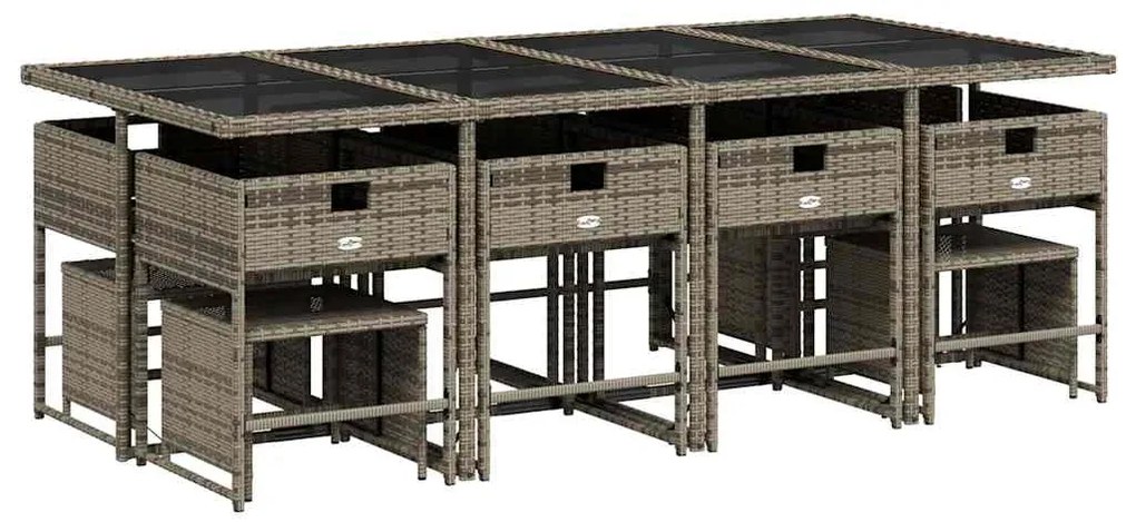 13 pcs conjunto jantar p/ jardim c/ almofadões vime PE cinzento