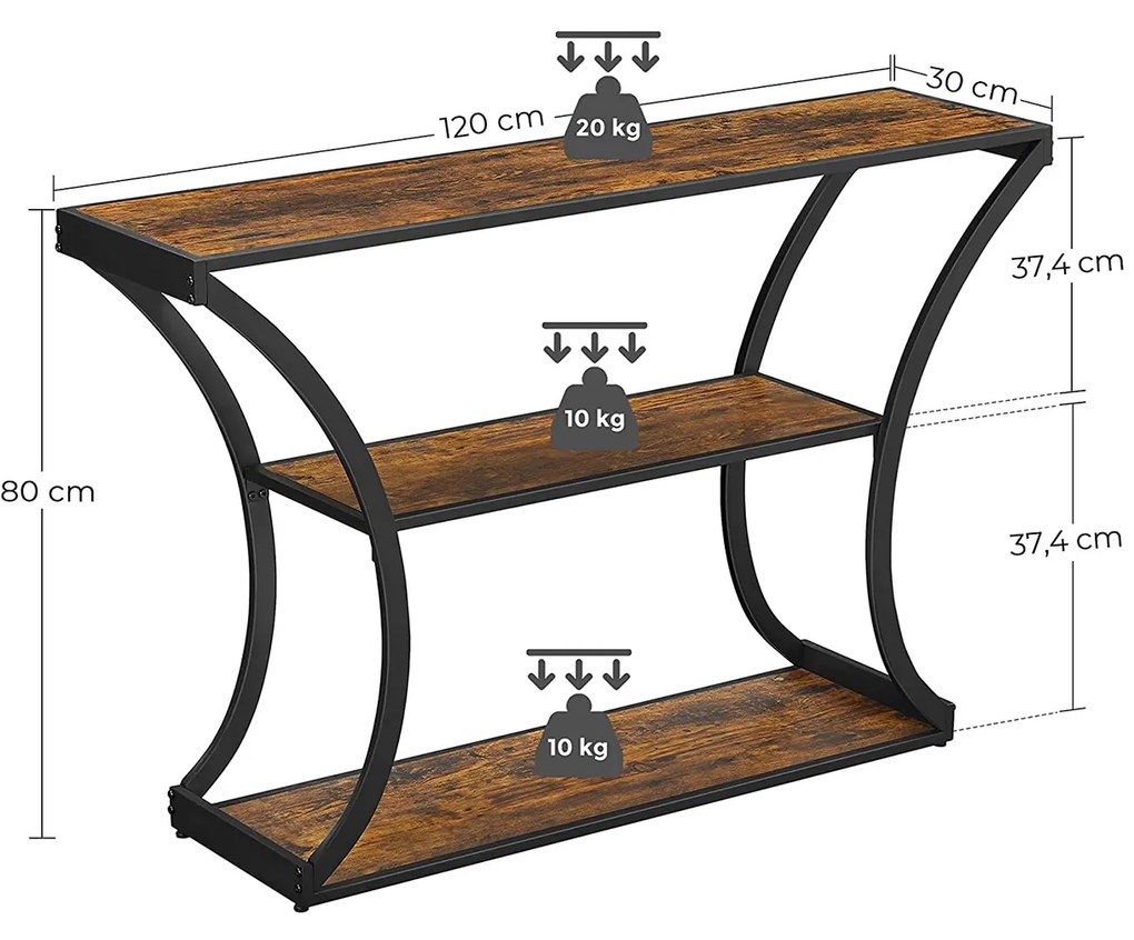 Mesa consola de estilo industrial 3 prateleiras 120 x 30 x 80 cm Castanho Vintage-preto