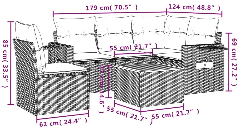 6 pcs conjunto de sofás p/ jardim com almofadões vime PE bege