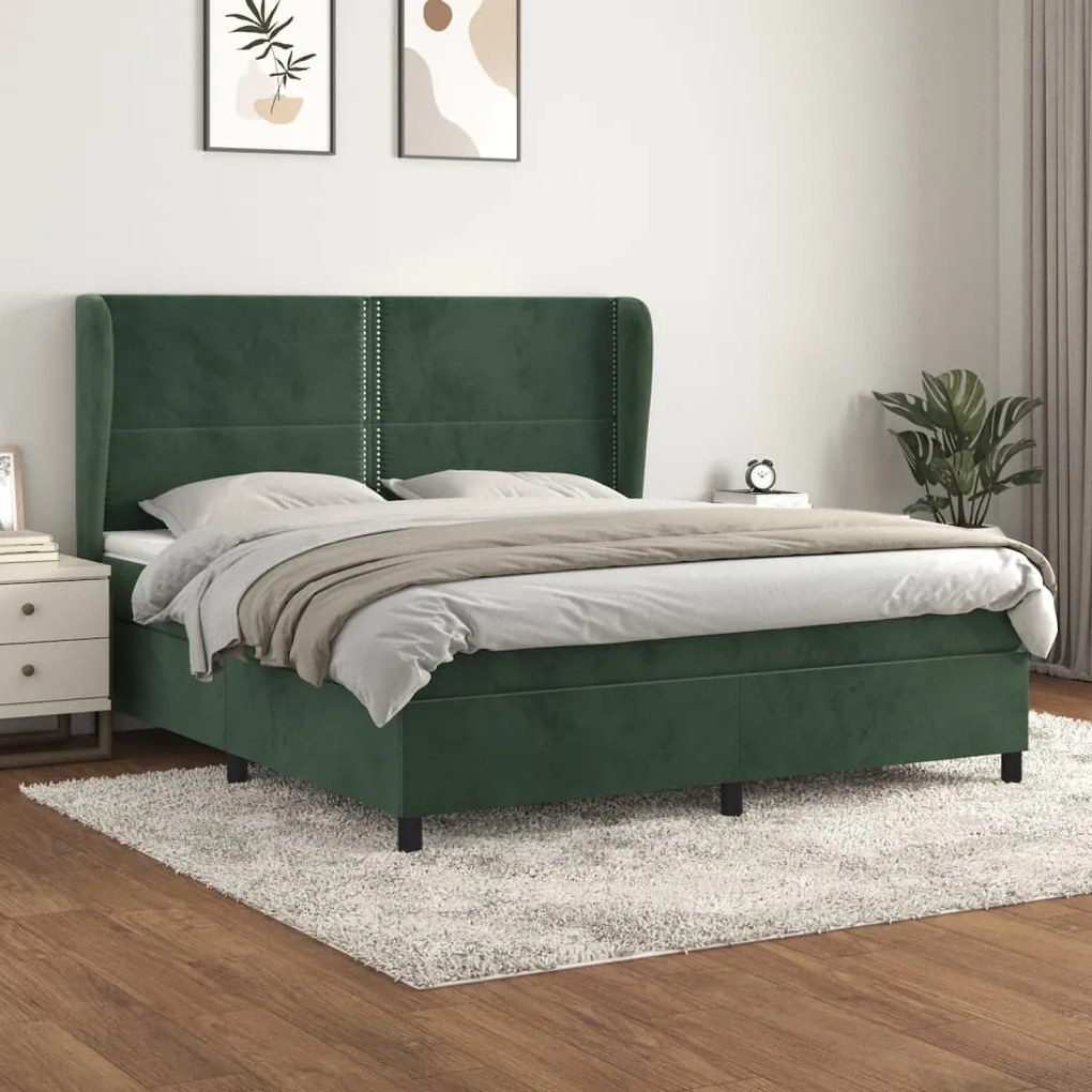 vidaXL Cama com molas/colchão 160x200 cm veludo verde-escuro