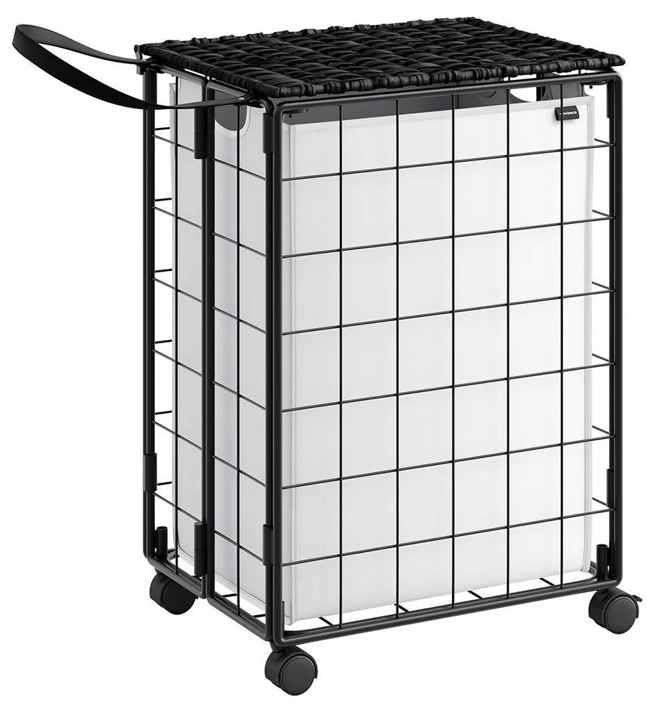 SONGMICS Cesto de roupa dobrável com rodas 90L Cesto de roupa com tampa Saco de roupa removível 46 x 33 x 65 cm Tinta preta/Branco nuvem LCB290B12