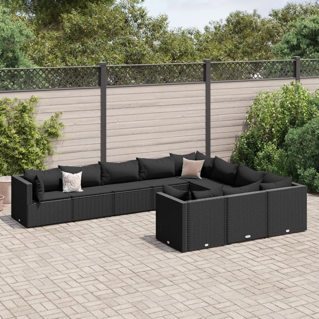 vidaXL 10 pcs conjunto sofás de jardim c/ almofadões vime PE preto