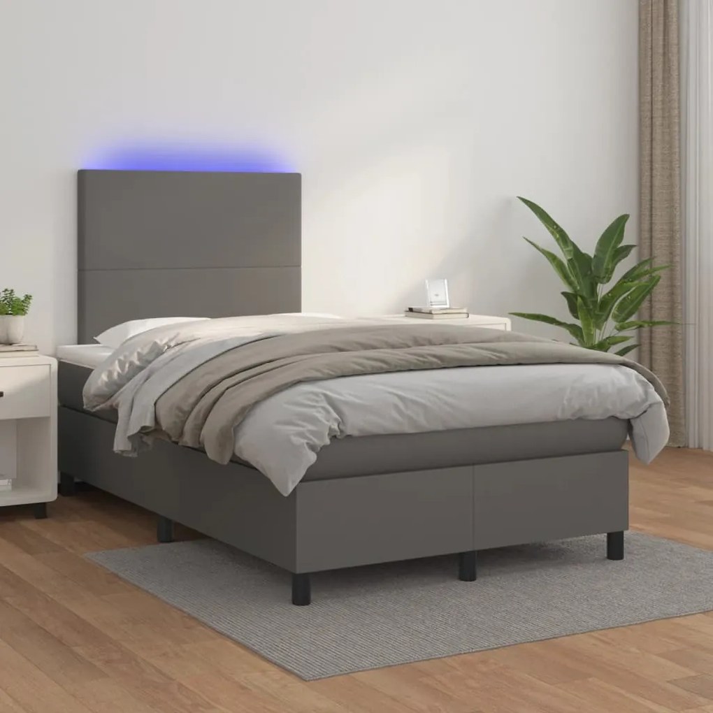 Cama box spring c/ colchão/LED 120x200cm couro artificial cinza