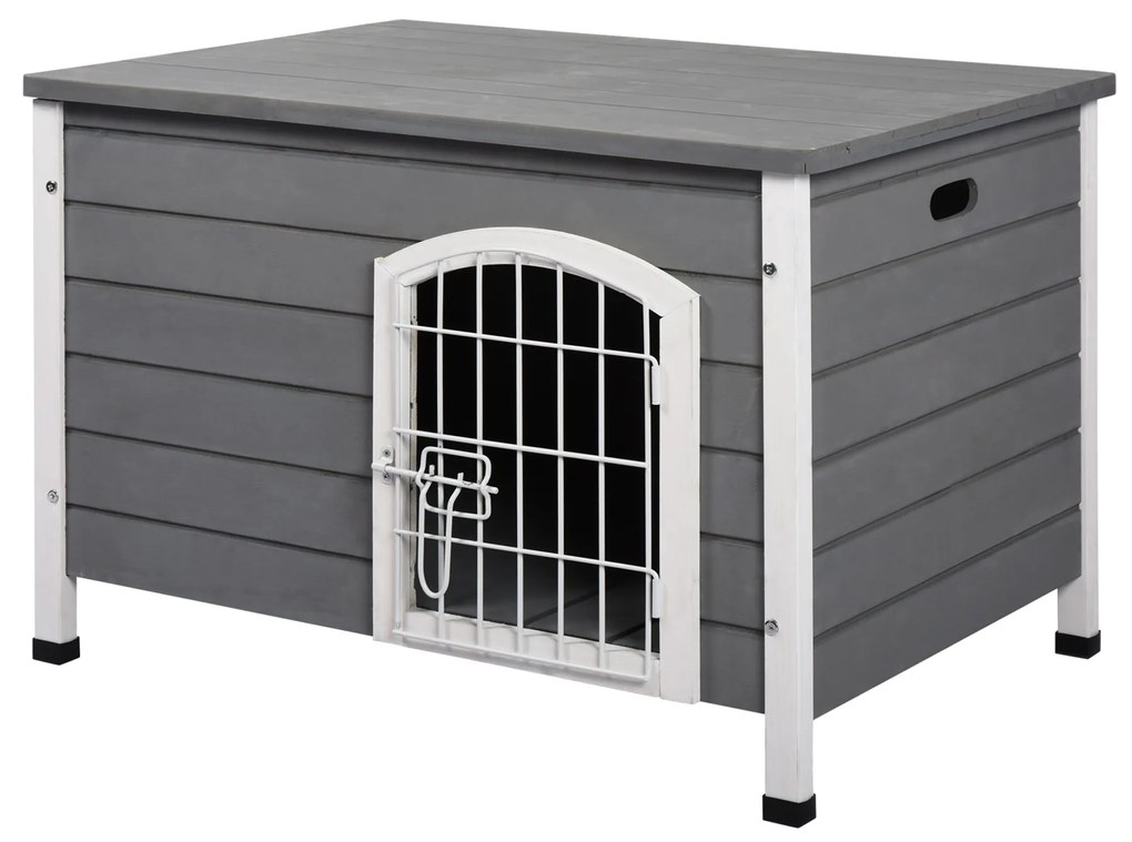 PawHut Casa para Cães de Madeira Gaiola para Animais de Estimação com Porta de Arame com Fechadura e Alças Ocas Laterais para Interior e Exterior 80x55x53,5cm Cinza