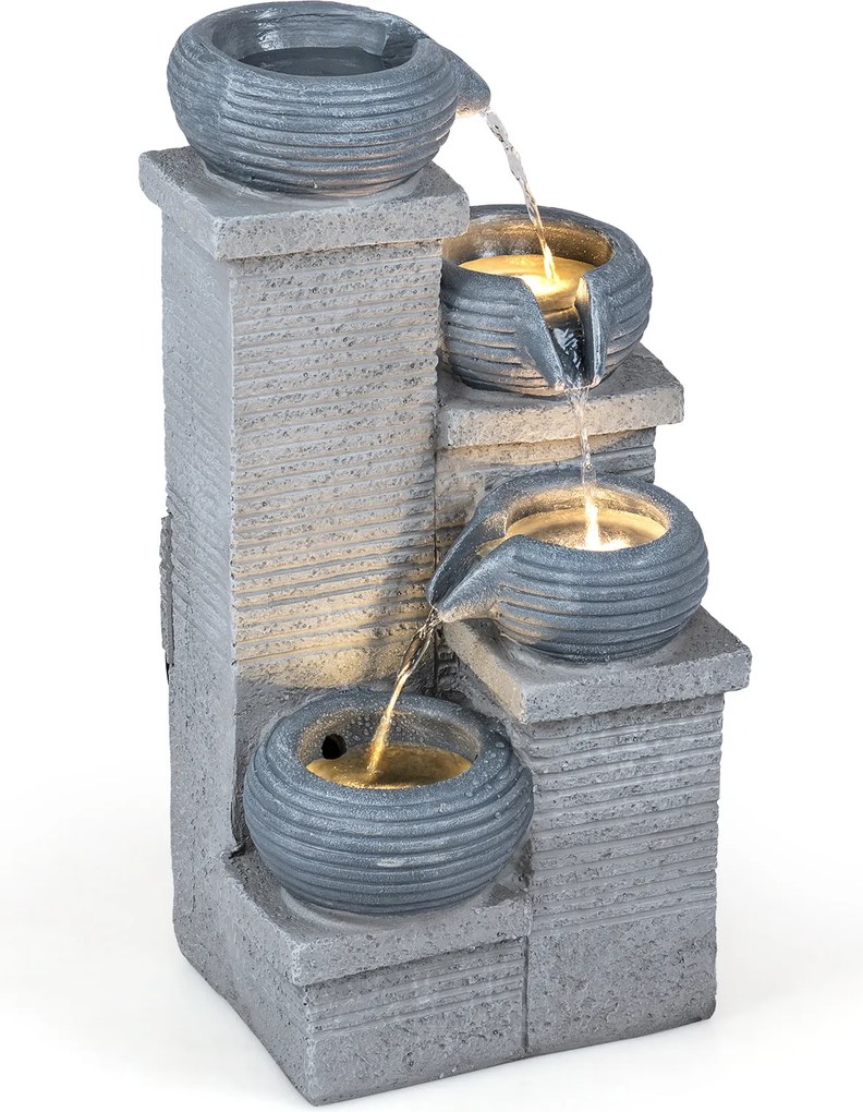 Fonte de Cascata de 4 Níveis, 28 x 22 x 58 cm, com Luz LED, Cinzento