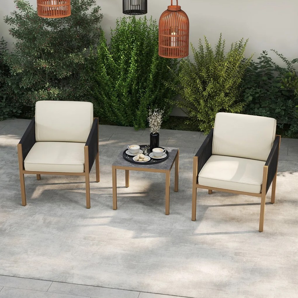 Conjunto Jardim de 3 peças de mobiliário de exterior em corda trançada com almofadas, para terraço, jardim ou varanda Castanho, preto e bege
