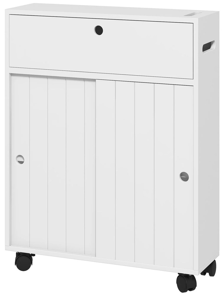 kleankin Armário Casa de Banho com 4 Rodas 2 Compartimentos para Papel Higiénico Prateleiras Ajustáveis 52x17x67 cm Branco | Aosom Portugal