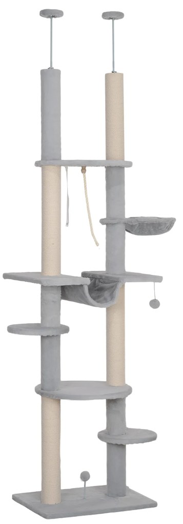 PawHut Arranhador para Gatos do Chão ao Teto 225-255 cm com 7 Níveis Rede Plataformas Postes de Arranhar  Cinza