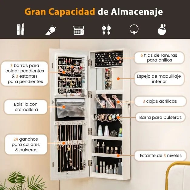 Armário para jóias com espelho LED 120 cm Luzes LED para espelhos 3 cores Espelho para maquilhagem e fecho magnético da porta Branco