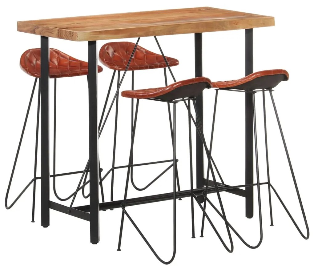 vidaXL 5 pcs conjunto de bar madeira maciça e couro genuíno