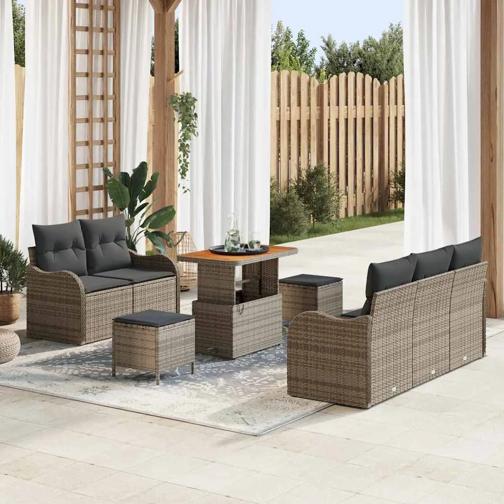 vidaXL Conjunto de Sofá de Jardim de 8 Peças com Almofadas Cinzas em Rattan de Polietileno e Acácia