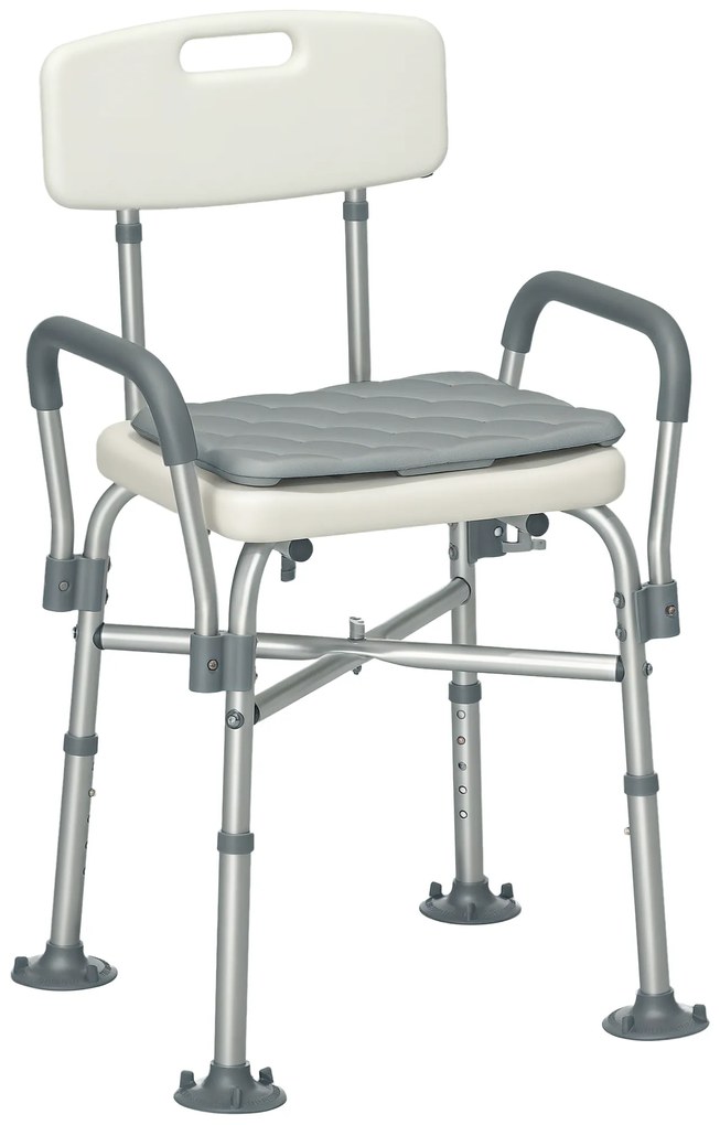 HOMCOM Cadeira de Duche para Idosos com Encosto Apoios de Braço Altura Ajustável Almofada Acolchoada Removível Carga 136 kg para Idosos e Pessoas com Deficiência 53,5x52x80-90 cm Branco
