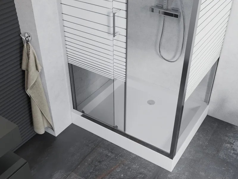 Mexen Apia cabine de duche deslizante 100 x 80 cm, faixas brancas, cromado + base de duche Rio - 840-100-080-01-20-4510